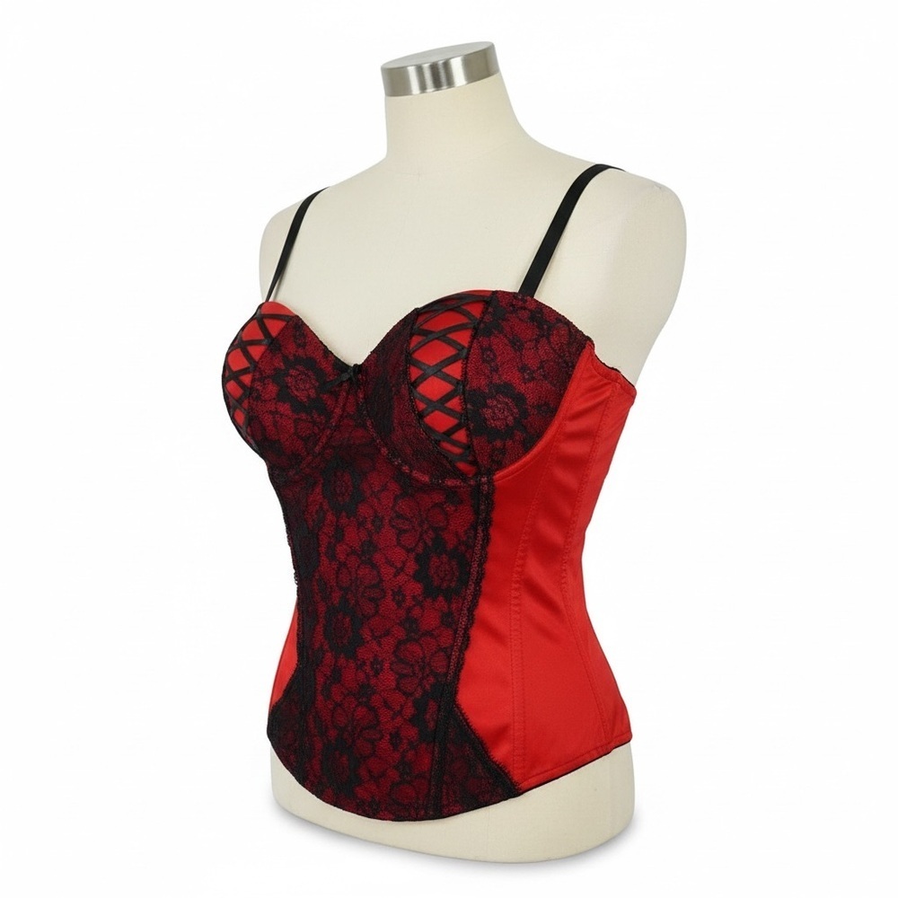 BodyRage Red and Black Corset w Padded Push Up Cups, Lace